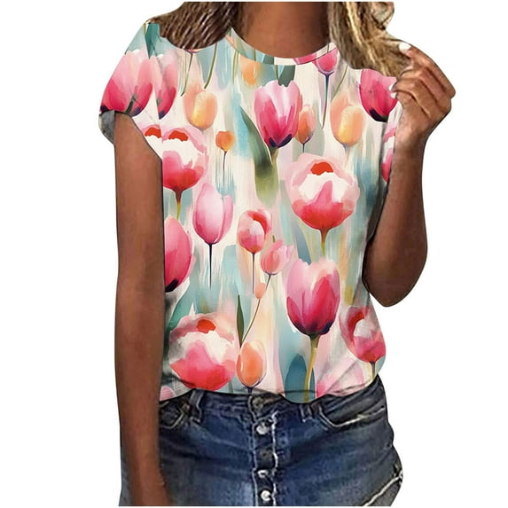 jtjvou Women's Floral Tees Trendy Fashion Oversize Summer Going out Tops for Teen Round Neck Shirts Short Sleeve Blouse Multicolor,XXXL