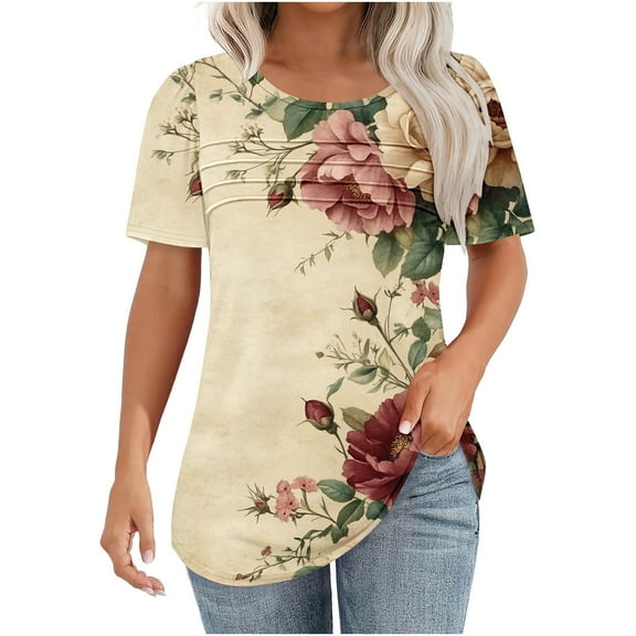 jtjvou Women's Floral Tops Going out Tops for Teen Crewneck Blouse Casual Loose Trendy Fashion Summer Short Sleeve Pullover Multicolor,S