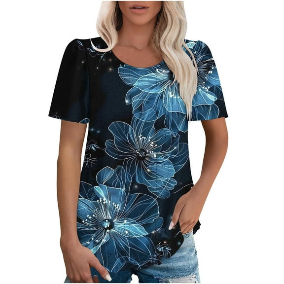 jtjvou Women's Floral Tuinc Summer Round Neck Shirts Going out Tops for Teen Short Sleeve Shirts Oversize Trendy Fashion Multicolor,S