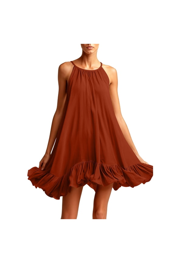 Women's Flowy Summer Linen Ruffle Babydoll Dress Halter Sleeveless Loose Swing Beach Vacation Mini Dresses Orange S