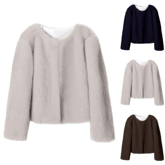 jtjvou Women's Fluffy Cropped Faux Fur Jacket Coats,Shaggy Short Cardigan Outwear Overcoat Parka Gray XL