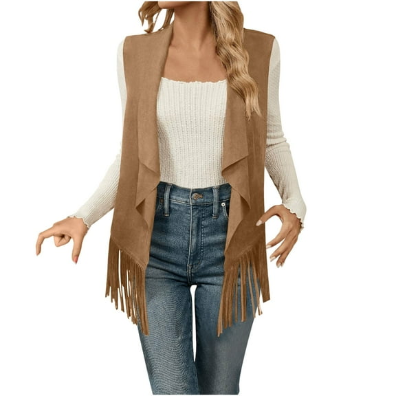 jtjvou Women's Fringe Vest 70s Hippie Sleeveless Western Faux Suede Cardigan Outerwear Brown XXL