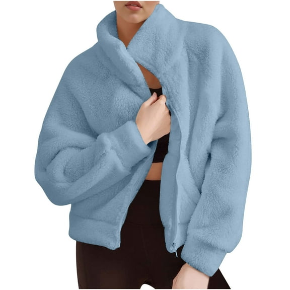 jtjvou Women's Fuzzy Fleece Jacket Zip Up Cropped Coats Casual Winter Warm Fashion Mock Neck Outwear with Pockets Blue M