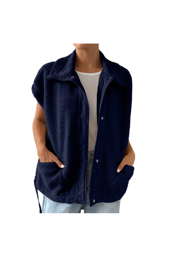 Women's Fuzzy Fleece Vest Oversized Sleeveless Solid Color Jacket Warm Button Down Gilet Outerwear with Pockets Blue S