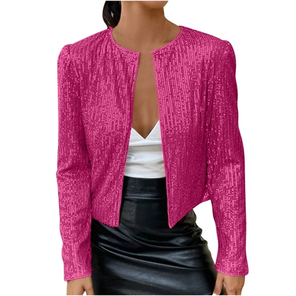 jtjvou Women's Glitter Sparkle Coat Sequin Blazer Jacket Casual Long SLeeve Lapel Open Front Party Cocktail Outfits for Women Hot Pink,XL