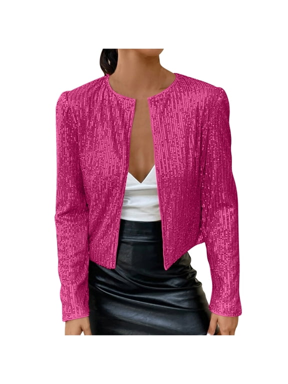 Women's Glitter Sparkle Coat Sequin Blazer Jacket Casual Long SLeeve Lapel Open Front Party Cocktail Outfits for Women Hot Pink,XL