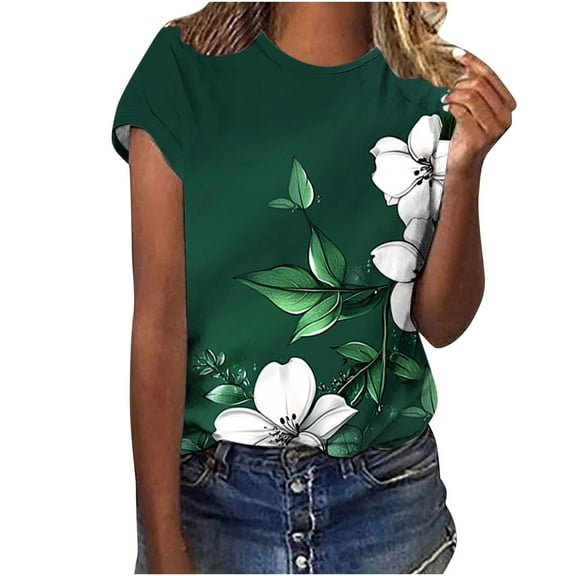 jtjvou Women's Going out Tops for Teen Floral Blouse Plus Size Lady Summer Round Neck Pullover Trendy Fashion Short Sleeve Tops Multicolor,L