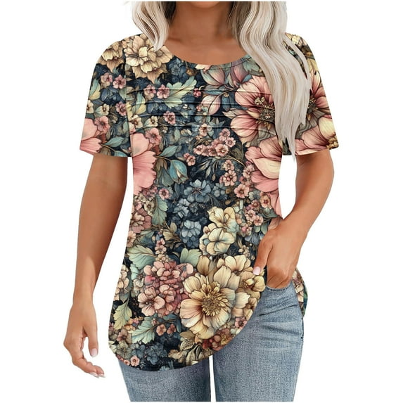jtjvou Women's Going out Tops for Teen Floral Blouse Trendy Fashion Summer Plus Size Short Sleeve Tops Crewneck Tuinc Lady Multicolor,L