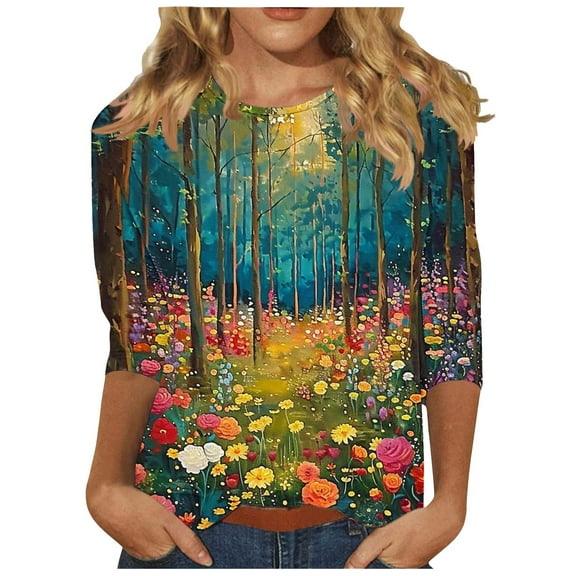 jtjvou Women's Basic Business Work T-Shirts Going out Tops for Teen Floral Print Shirts 3/4 Sleeve Tees Trendy Fashion Casual Loose Round Neck Tuinc Lady Summer Multicolor,XL