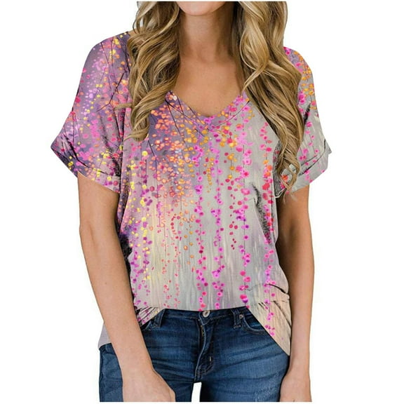jtjvou Women's Going out Tops for Teen Floral Pullover Summer Lady Short Sleeve Tuinc V-Neck Tees Trendy Fashion Plus Size Multicolor,XL