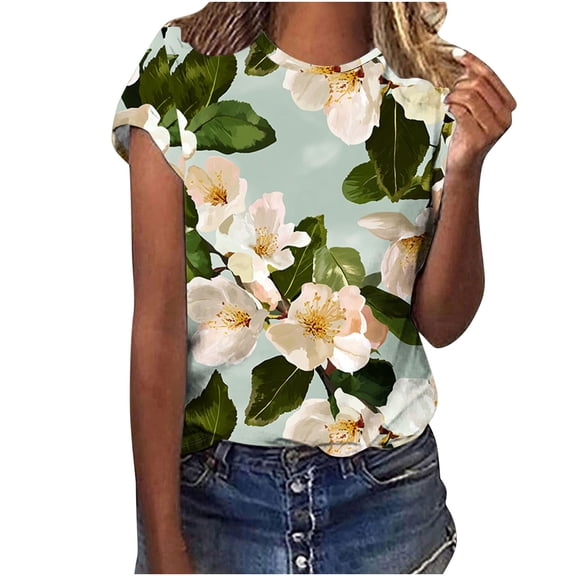 jtjvou Women's Going out Tops for Teen Floral Pullover Trendy Fashion Crewneck Blouse Summer Oversize Short Sleeve Tuinc Lady Multicolor,M