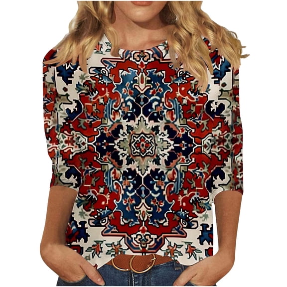 jtjvou Women's Going out Tops for Teen Floral Shirts Summer Round Neck Tuinc 3/4 Sleeve Tees Trendy Fashion Lady Oversize Multicolor,XL