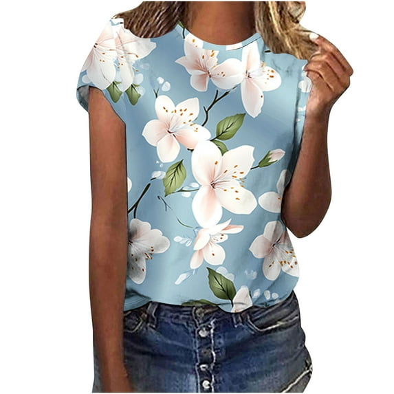 jtjvou Women's Going out Tops for Teen Floral Shirts Trendy Fashion Round Neck Tuinc Short Sleeve Tees Lady Casual Loose Summer Multicolor,L