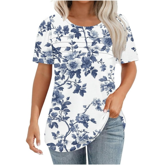 jtjvou Women's Going out Tops for Teen Floral Shirts Trendy Fashion Summer Round Neck Shirts Casual Loose Lady Short Sleeve Tees Multicolor,S