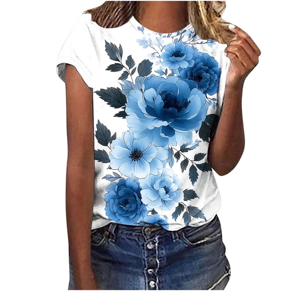 jtjvou Women's Going out Tops for Teen Floral Tees Oversize Lady Trendy Fashion Short Sleeve Blouse Summer Round Neck Tees Multicolor,L
