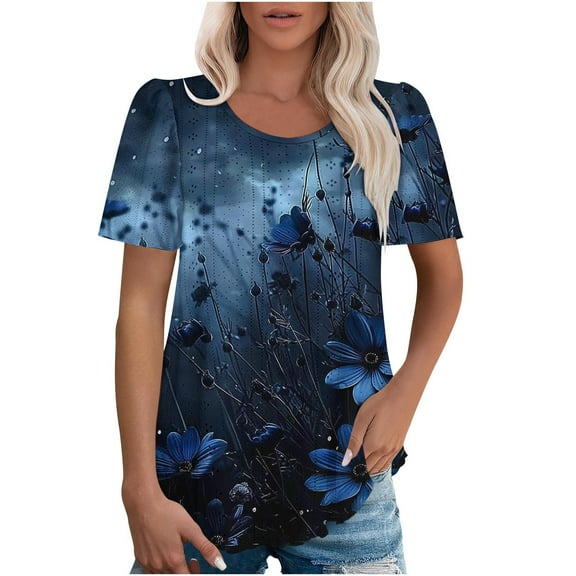jtjvou Women's Going out Tops for Teen Floral Tees Short Sleeve Blouse Casual Loose Crewneck Blouse Lady Summer Trendy Fashion Multicolor,XXL