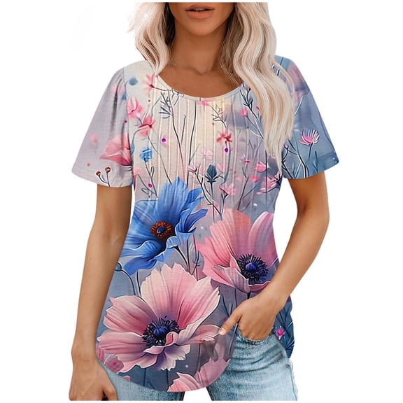 jtjvou Women's Going out Tops for Teen Floral Tees Short Sleeve Blouse Lady Summer Trendy Fashion Oversize Round Neck Shirts Multicolor,M