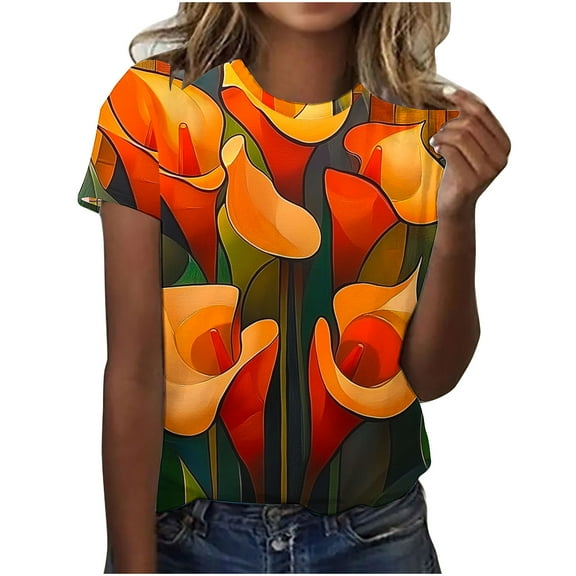 jtjvou Women's Going out Tops for Teen Floral Tops Plus Size Trendy Fashion Summer Lady Crewneck Pullover Short Sleeve Pullover Multicolor,S