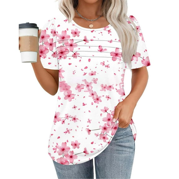 jtjvou Women's Going out Tops for Teen Floral Tuinc Lady Crewneck Pullover Short Sleeve Shirts Casual Loose Summer Trendy Fashion Multicolor,S