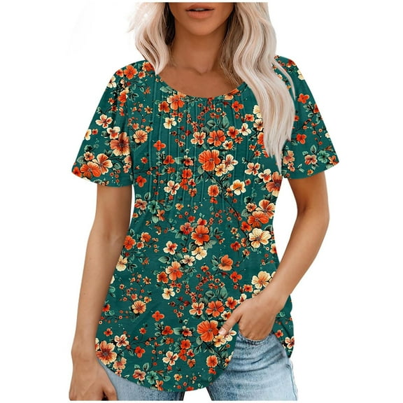 jtjvou Women's Going out Tops for Teen Floral Tuinc Short Sleeve Shirts Lady Crewneck Shirts Trendy Fashion Summer Plus Size Multicolor,S