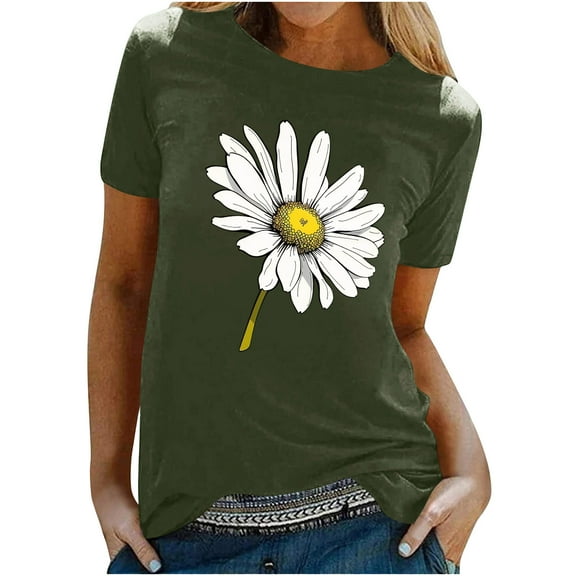 jtjvou Women's Going out Tops for Teen Floral Tuinc Summer Short Sleeve Shirts Plus Size Round Neck Blouse Lady Trendy Fashion Army Green,L