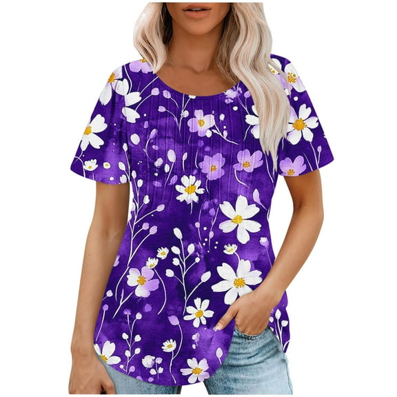 jtjvou Women's Going out Tops for Teen Floral Tuinc Summer Trendy Fashion Short Sleeve Shirts Oversize Crewneck Pullover Lady Multicolor,S