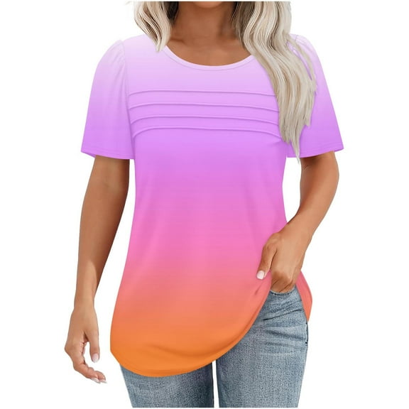 jtjvou Women's Going out Tops for Teen Gradient Color Print Shirts Short Sleeve Tees Oversize Lady Crewneck Tuinc Summer Trendy Fashion Multicolor,S