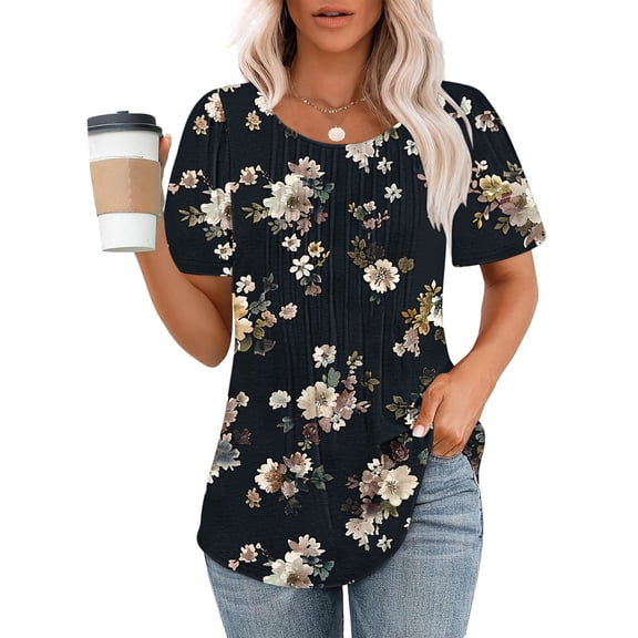 jtjvou Women's Going out Tops for Teen Summer Crewneck Pullover Trendy Fashion Lady Plus Size Floral Pullover Short Sleeve Tuinc Multicolor,XL