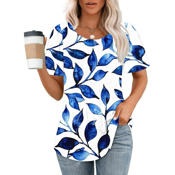 jtjvou Women's Going out Tops for Teen Summer Crewneck Shirts Lady Short Sleeve Blouse Floral Tees Trendy Fashion Plus Size Multicolor,XXL