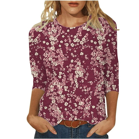 jtjvou Women's Going out Tops for Teen Summer Crewneck Tees Floral Tuinc Lady Trendy Fashion 3/4 Sleeve Shirts Casual Loose Multicolor,XL
