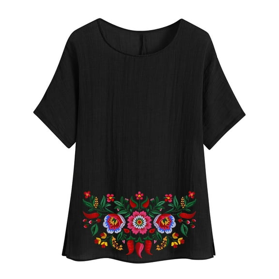 jtjvou Women's Cotton Linen Tops Going out Tops for Teen Summer Short Sleeve Tuinc Crewneck Blouse Casual Loose Trendy Fashion Lady Floral Print Pullover Black,S