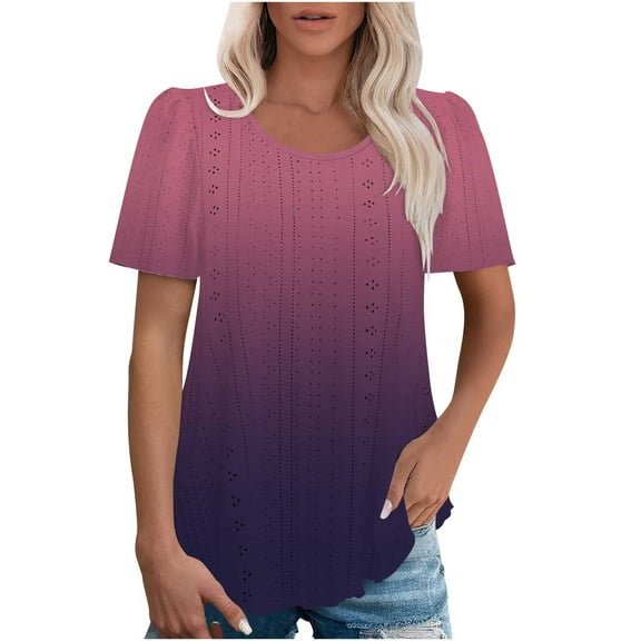 jtjvou Women's Gradient Color Tuinc Short Sleeve Shirts Trendy Fashion Going out Tops for Teen Round Neck Tuinc Summer Oversize Purple,S
