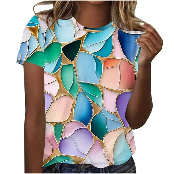 jtjvou Women's Trendy Fashion Short Sleeve Blouse Round Neck Tuinc Plus Size Summer Lady Tie Dye Tees Going out Tops for Teen Multicolor,XXL