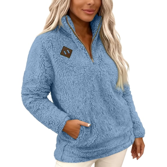 jtjvou Women's Half-Zip Pullover Fuzzy Fabric Long Sleeve Relaxed Fit Kangaroo Pocket Cozy Sweater Casual Loungewear Everyday Essential Blue S