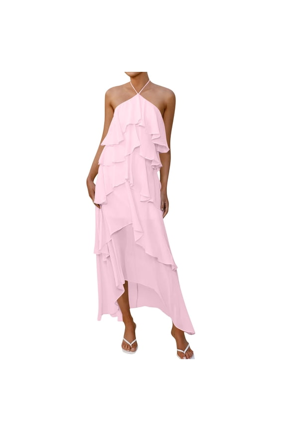 Women's Halter Neck Ruffle Chiffon Dress Tiered Layered Flowy Boho Backless Summer Beach Wedding Guest Dress Elegant Sundress Pink L