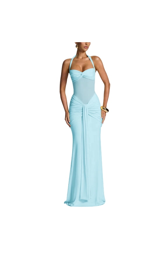 Women's Halter Twist Knot Maxi Dress Draped Ribbon Ruched Cocktail Dress Sheer Mesh Bodycon Formal Dresses Light Blue S