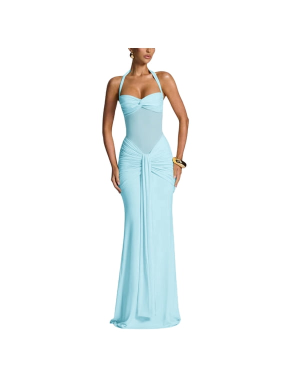 Women's Halter Twist Knot Maxi Dress Draped Ribbon Ruched Cocktail Dress Sheer Mesh Bodycon Formal Dresses Light Blue S