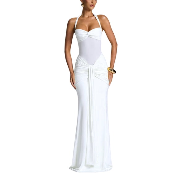 jtjvou Women's Halter Twist Knot Maxi Dress Draped Ribbon Ruched Cocktail Dress Sheer Mesh Bodycon Formal Dresses White XL