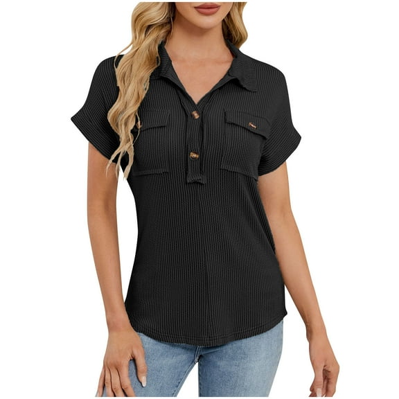 jtjvou Women's Henley Shirts Short Sleeve Loose Tee V Neck Tunic Blouse Knitted Summer Work Office Business Outfits Black XL