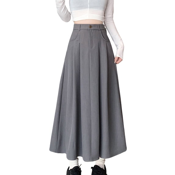 jtjvou Women's High Waist Pleated Maxi Skirt A-Line Flared Long Skirt with Pockets Casual Office Wear Gray XL