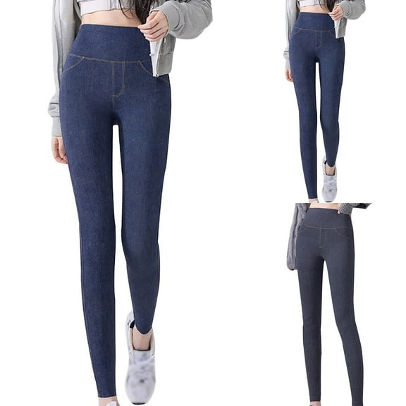 jtjvou Women's High Waist Pocket Tummy Control Skinny Jeans Yoga Fitness Butt Lifting Tight Stretch Jeggings Blue L