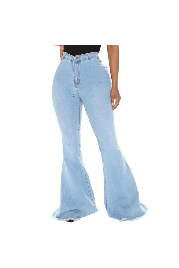 Women's High Waist Wide Leg Flare Trousers Denim Button Zipper Pockets Casual Pants Fashionable Comfortable Stylish Daily Wear Relaxed Fit Blue XXL