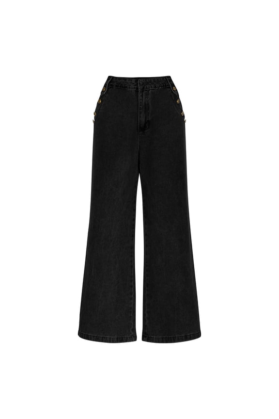 Women's High Waisted Wide Leg Jeans Button Decorated Casual Stretchy Demin Pants with Pockets Black S