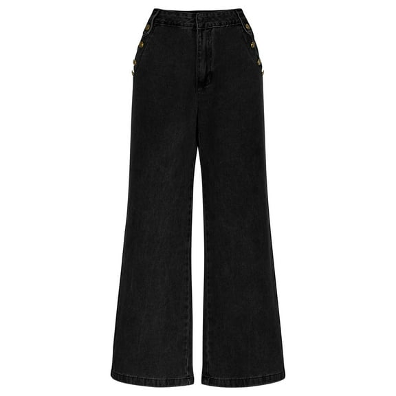 jtjvou Women's High Waisted Wide Leg Jeans Button Decorated Casual Stretchy Demin Pants with Pockets Black XL
