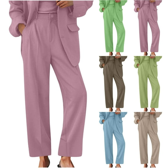 jtjvou Women's High Waisted Work Pants Button Down Business Office Trousers Long Straight Leg Dress Pants with Pockets Blue L