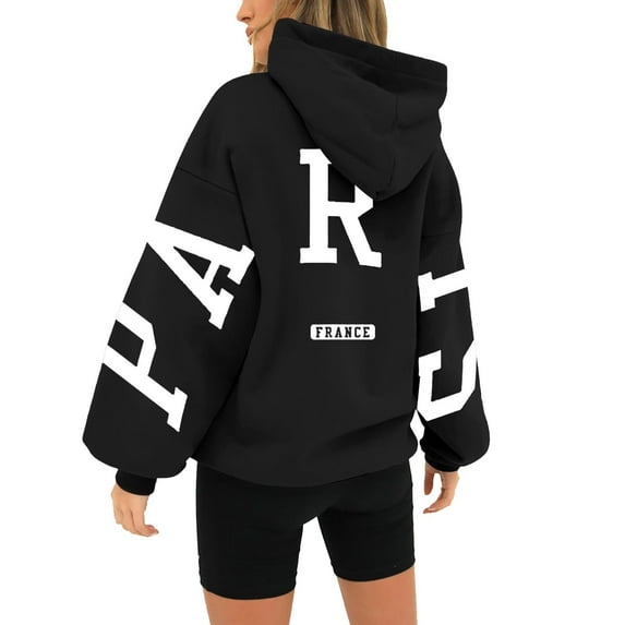 jtjvou Women's Hoodies Pullover Paris Sweatshirts Long Sleeve Loose Letter Print Hooded Pullover Tops Fall Clothes Women,Black,L