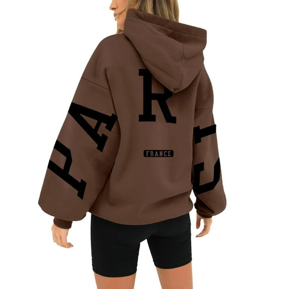 jtjvou Women's Hoodies Pullover Paris Sweatshirts Long Sleeve Loose Letter Print Hooded Pullover Tops Fall Clothes Women,Brown,M
