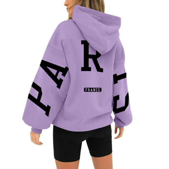 jtjvou Women's Hoodies Pullover Paris Sweatshirts Long Sleeve Loose Letter Print Hooded Pullover Tops Fall Clothes Women,Purple,L