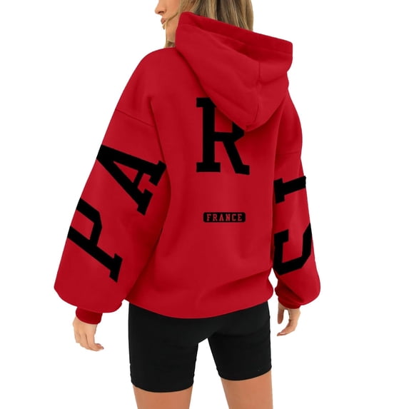 jtjvou Women's Hoodies Pullover Paris Sweatshirts Long Sleeve Loose Letter Print Hooded Pullover Tops Fall Clothes Women,Red,XL