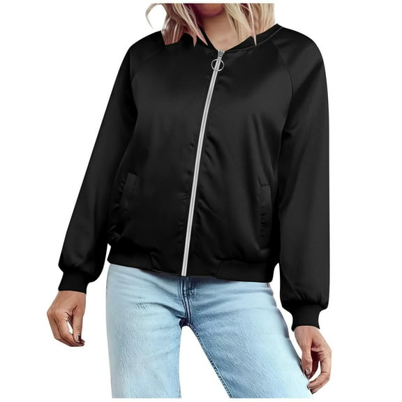 jtjvou Women's Jacket Lightweight Zip Up Jacket Casual Striped Jacket Coat Outerwear Windbreaker with Pockets Black M